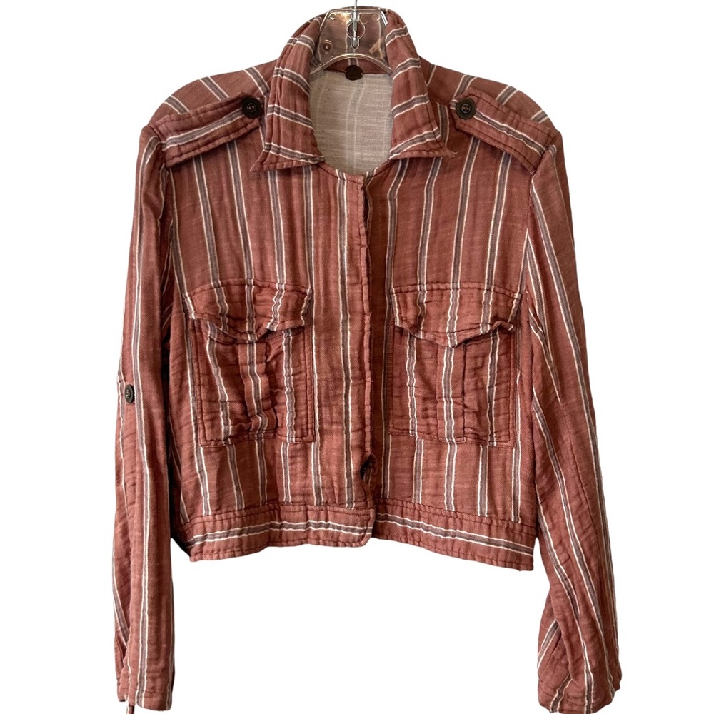 Free People FP One Women's Brown Striped Officer Jacket Top in Size M - Picture 1 of 14